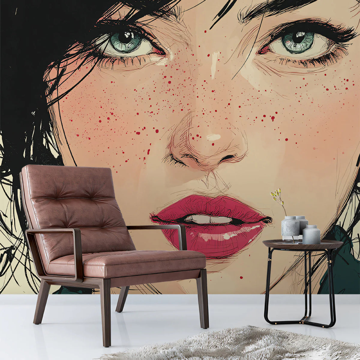 Freckled Portrait Sketch Mural Wallpaper — Expressive Line Art Mural Wallpaper - room preview 02