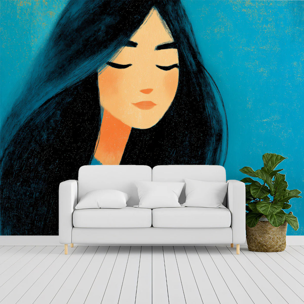 Dreaming Girl Illustration Mural Wallpaper — Artistic Teal Portrait Mural Wallpaper - room preview 02