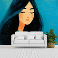 Dreaming Girl Illustration Mural Wallpaper — Artistic Teal Portrait Mural Wallpaper - room preview 02