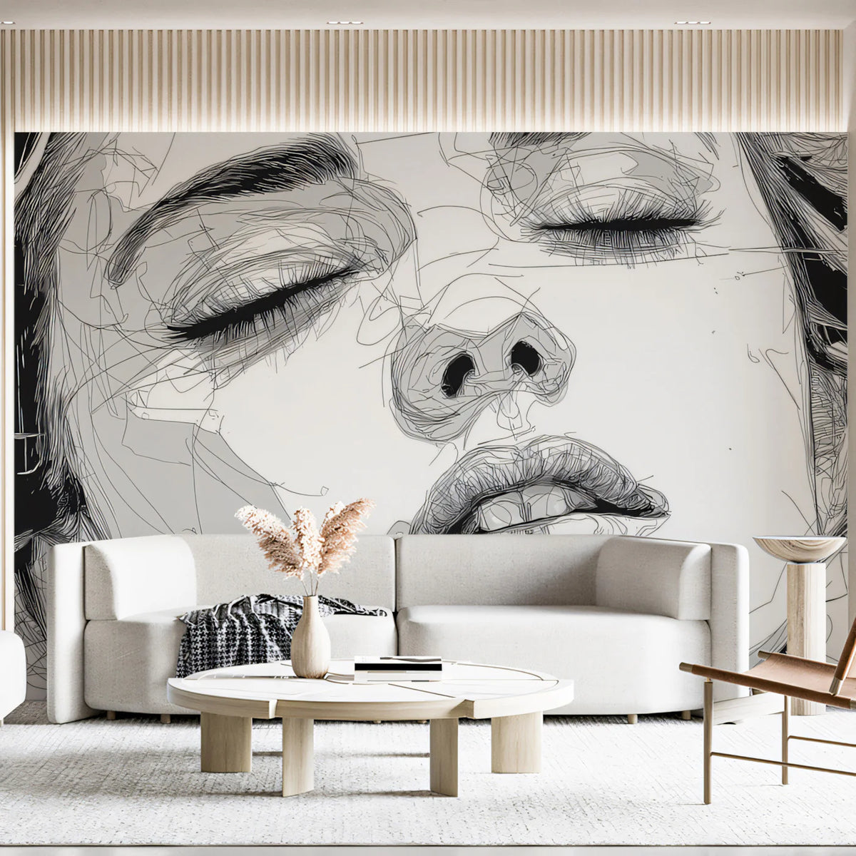 Abstract Contour Portrait Mural Wallpaper — Minimalist Line Art Mural Wallpaper - room preview 02