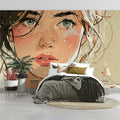 Freckled Portrait Illustration Mural Wallpaper — Soft Sketch Style Mural Wallpaper - room preview 02