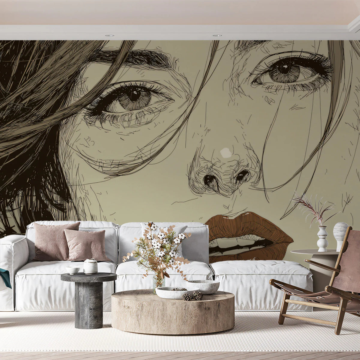Woman Portrait Sketch Mural Wallpaper — Artistic Graphite Design Mural Wallpaper - room preview 02