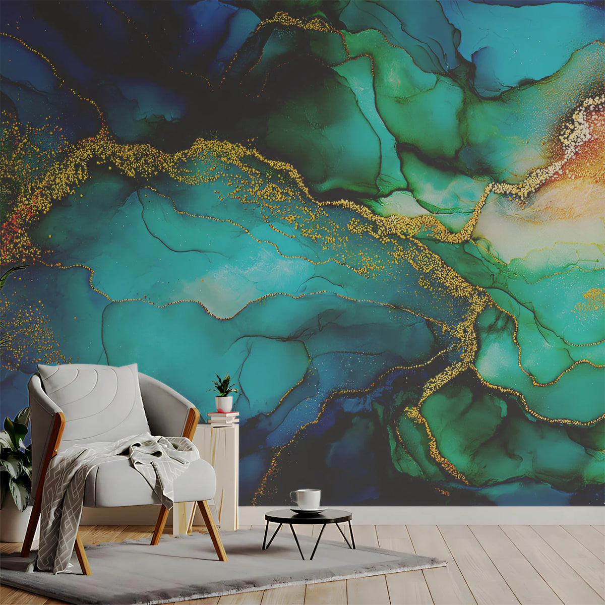 Emerald and Gold Fluid Ink Mural Wallpaper — Modern Abstract Mural Wallpaper - room preview 02