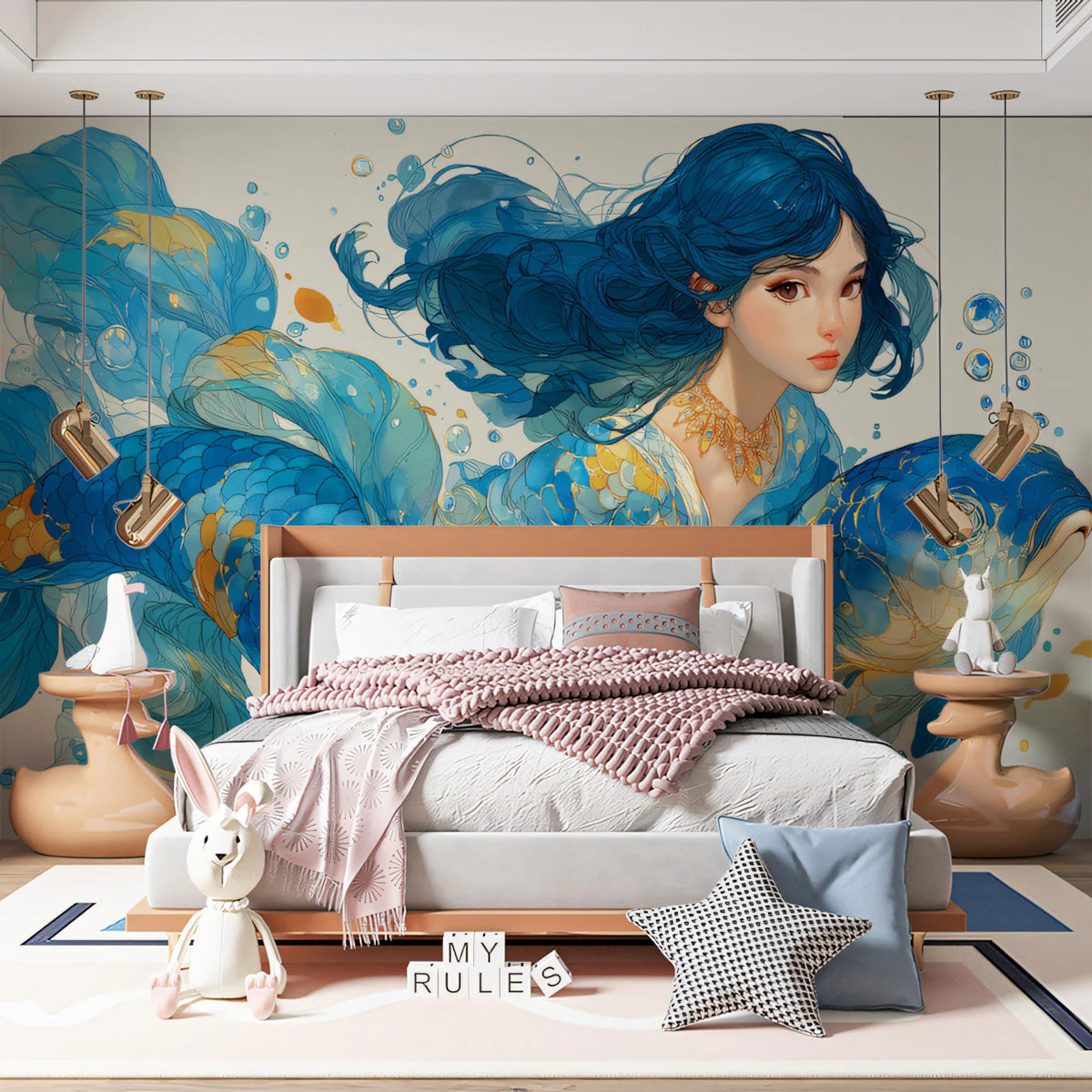 Mermaid and Koi Fish Mural Wallpaper — Whimsical Aquatic Art Mural Wallpaper - room preview 02