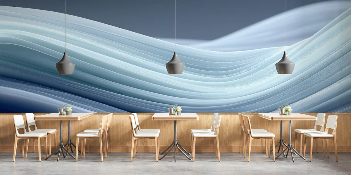 Minimalist Fluid Wave Mural Wallpaper — Soft Blue Gradient Mural Wallpaper - room preview 02