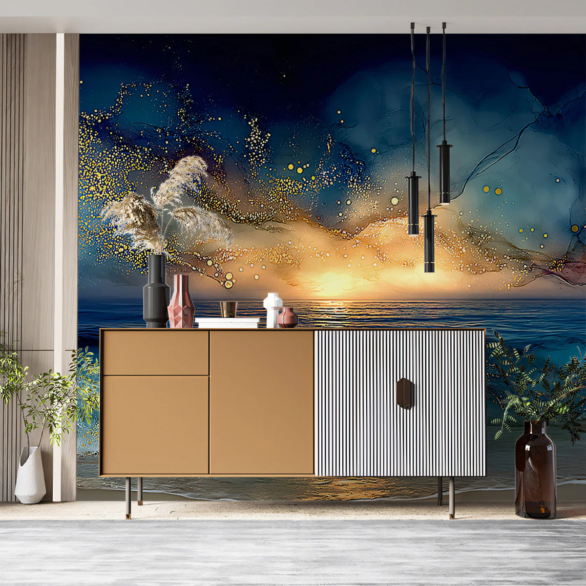 Cosmic Sunset Ocean Mural Wallpaper — Dreamy Seascape Wall Art Mural Wallpaper - room preview 02