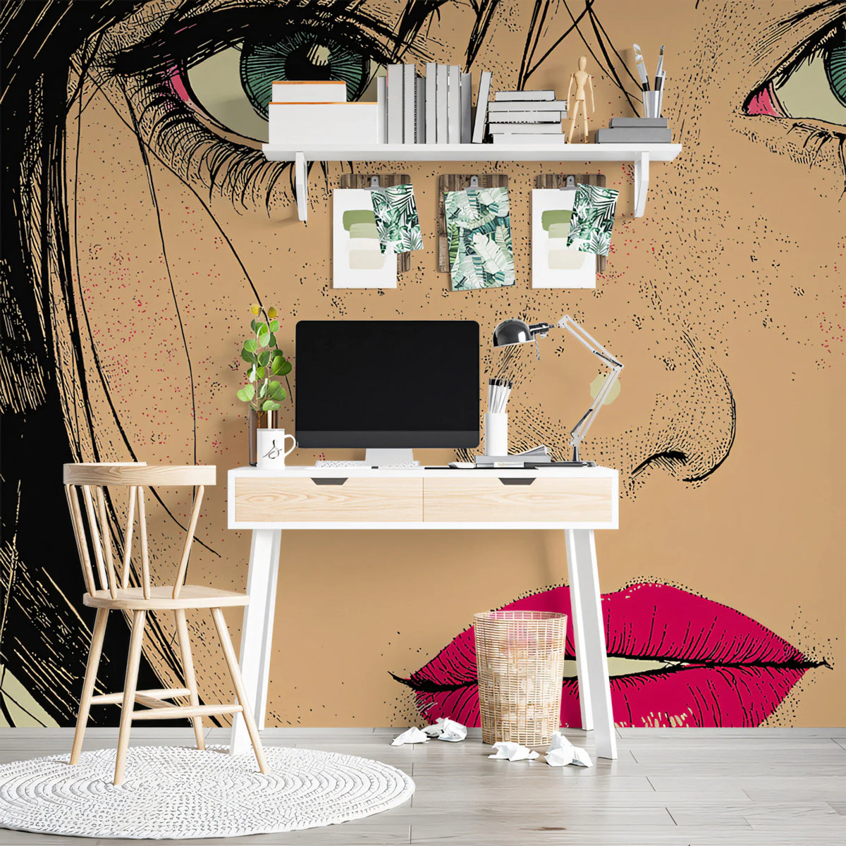 Graphic Comic Portrait Mural Wallpaper — Bold Teal and Magenta Mural Wallpaper - room preview 02