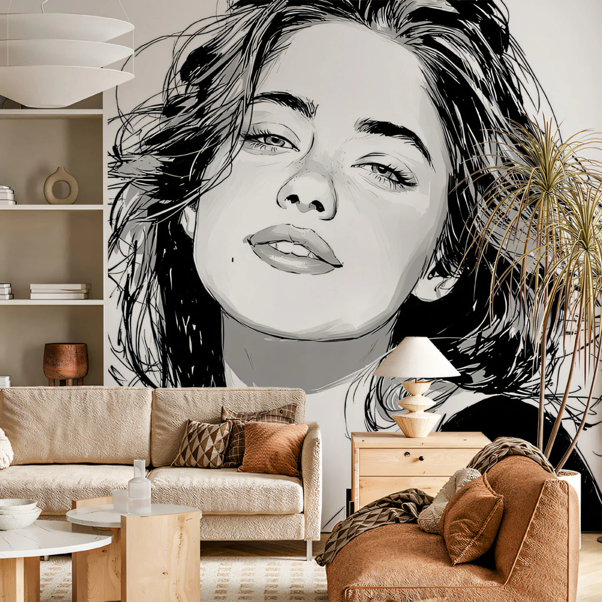 Monochromatic Portrait Mural Wallpaper — Expressive Line Art Mural Wallpaper - room preview 02