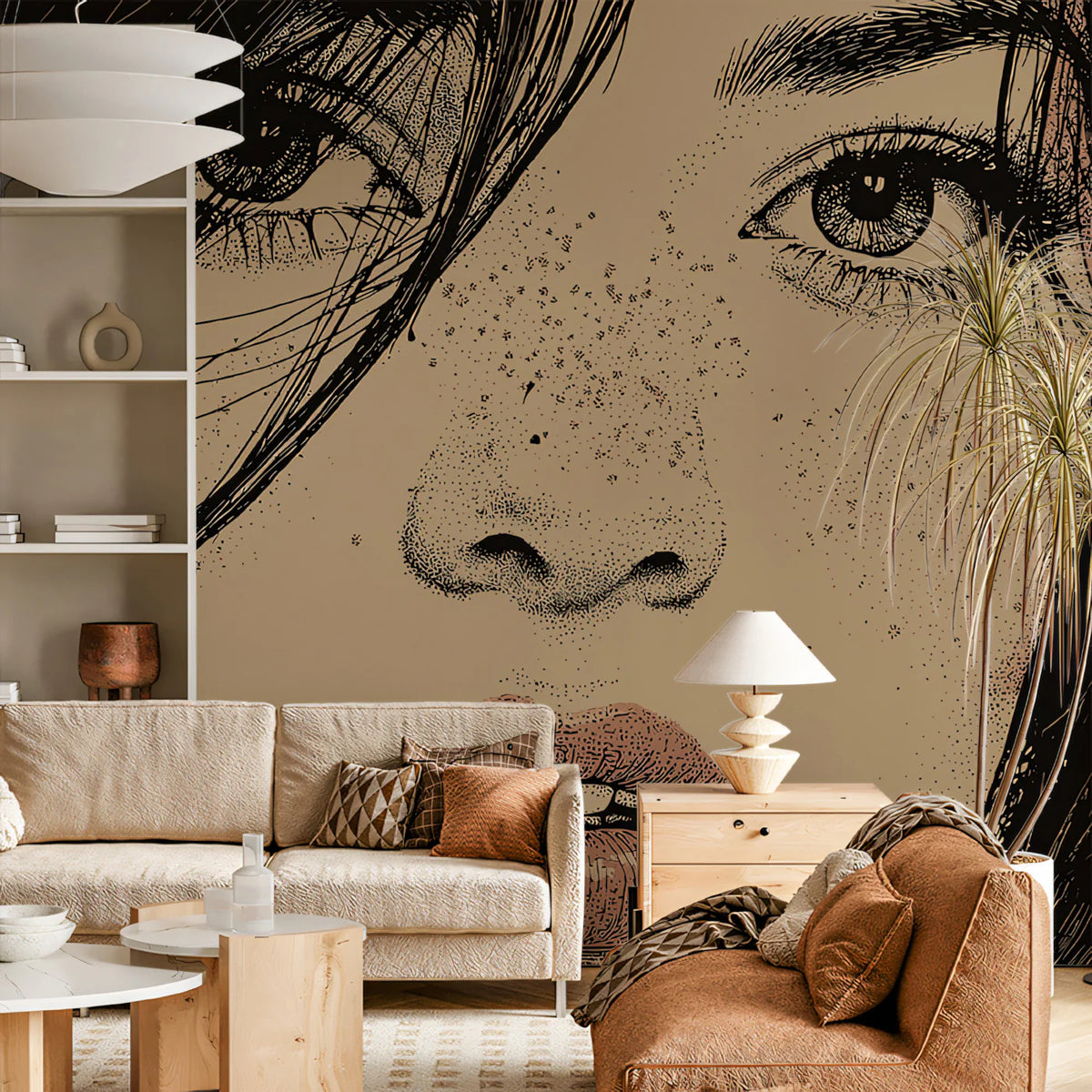Stippled Portrait Illustration Mural Wallpaper — Artistic Sketch Mural Wallpaper - room preview 02