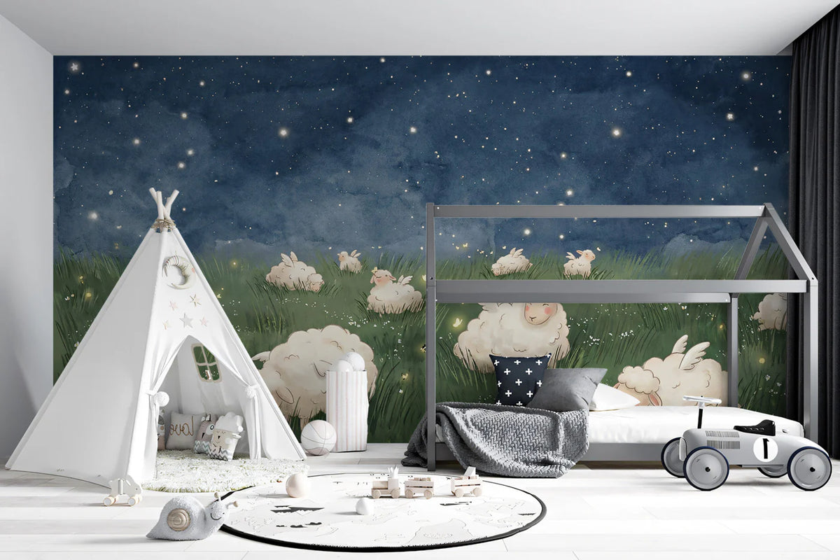 Winged Sheep Starry Meadow Mural Wallpaper — Whimsical Night Sky Mural Wallpaper - room preview 02