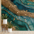 Teal and Gold Agate Slice Mural Wallpaper — Modern Fluid Art Mural Wallpaper - room preview 02