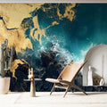 Aerial Ocean Coast Mural Wallpaper — Gold and Teal Wave Art Mural Wallpaper - room preview 02