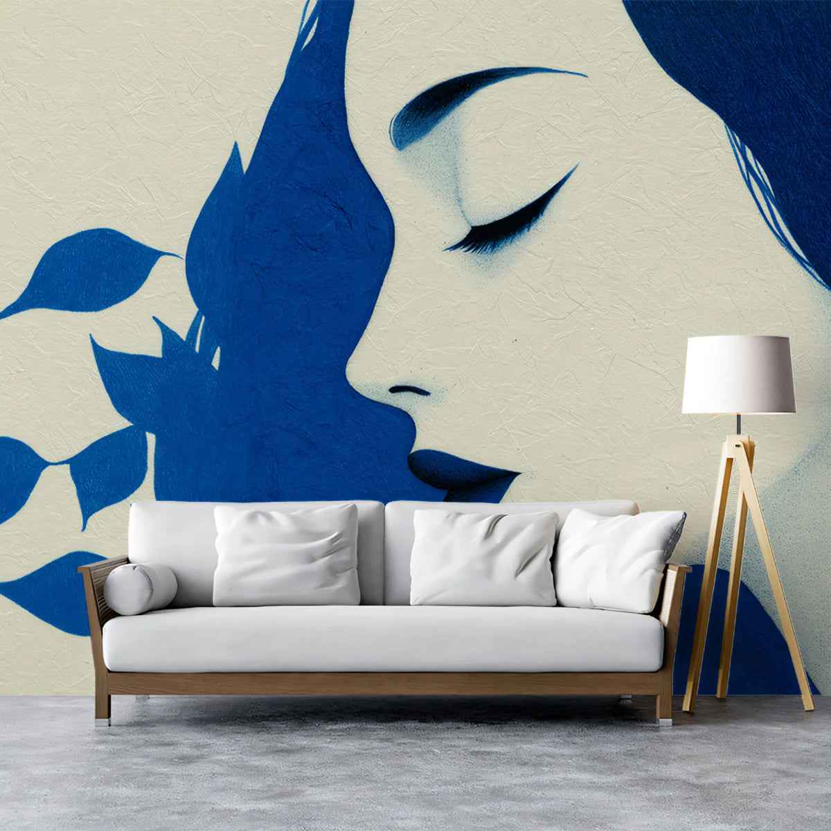 Woman Profile Blue Leaf Mural Wallpaper — Minimalist Sketch Art Mural Wallpaper - room preview 02