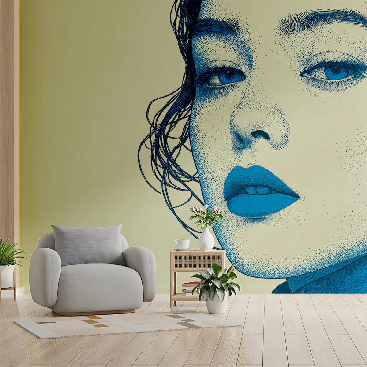 Stippled Portrait Mural Wallpaper — Blue Pop Art Graphic Design Mural Wallpaper - room preview 02