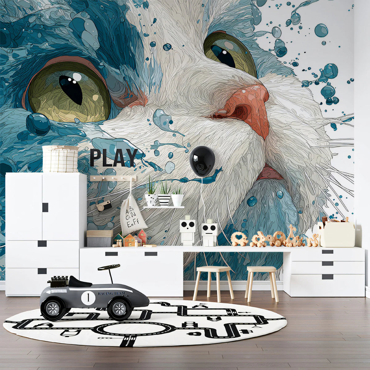 Cat Splash Portrait Mural Wallpaper — Dynamic Blue Liquid Art Mural Wallpaper - room preview 02