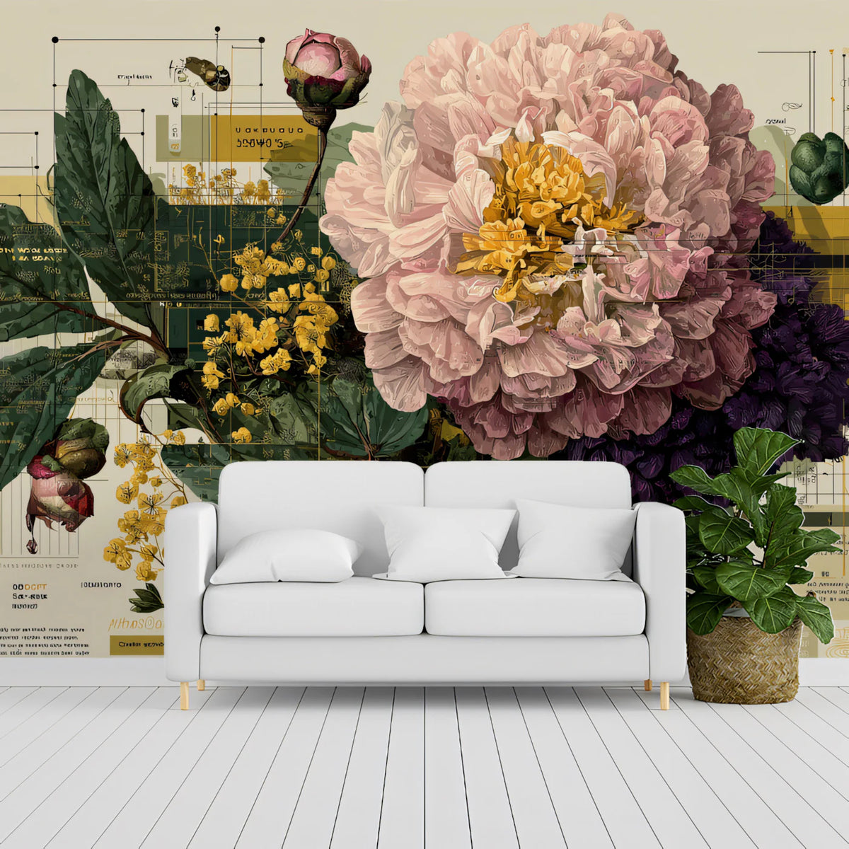 Peony Botanical Schematic Mural Wallpaper — Vintage Blueprint Art Mural Wallpaper - room preview 02