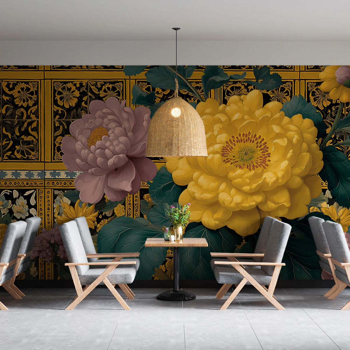Chinoiserie Peony Patterned Tile Mural Wallpaper Yellow and Pink Florals, Ornate Traditional Backdrop Mural Wallpaper - room preview 02