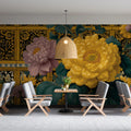 Chinoiserie Peony Patterned Tile Mural Wallpaper Yellow and Pink Florals, Ornate Traditional Backdrop Mural Wallpaper - room preview 02