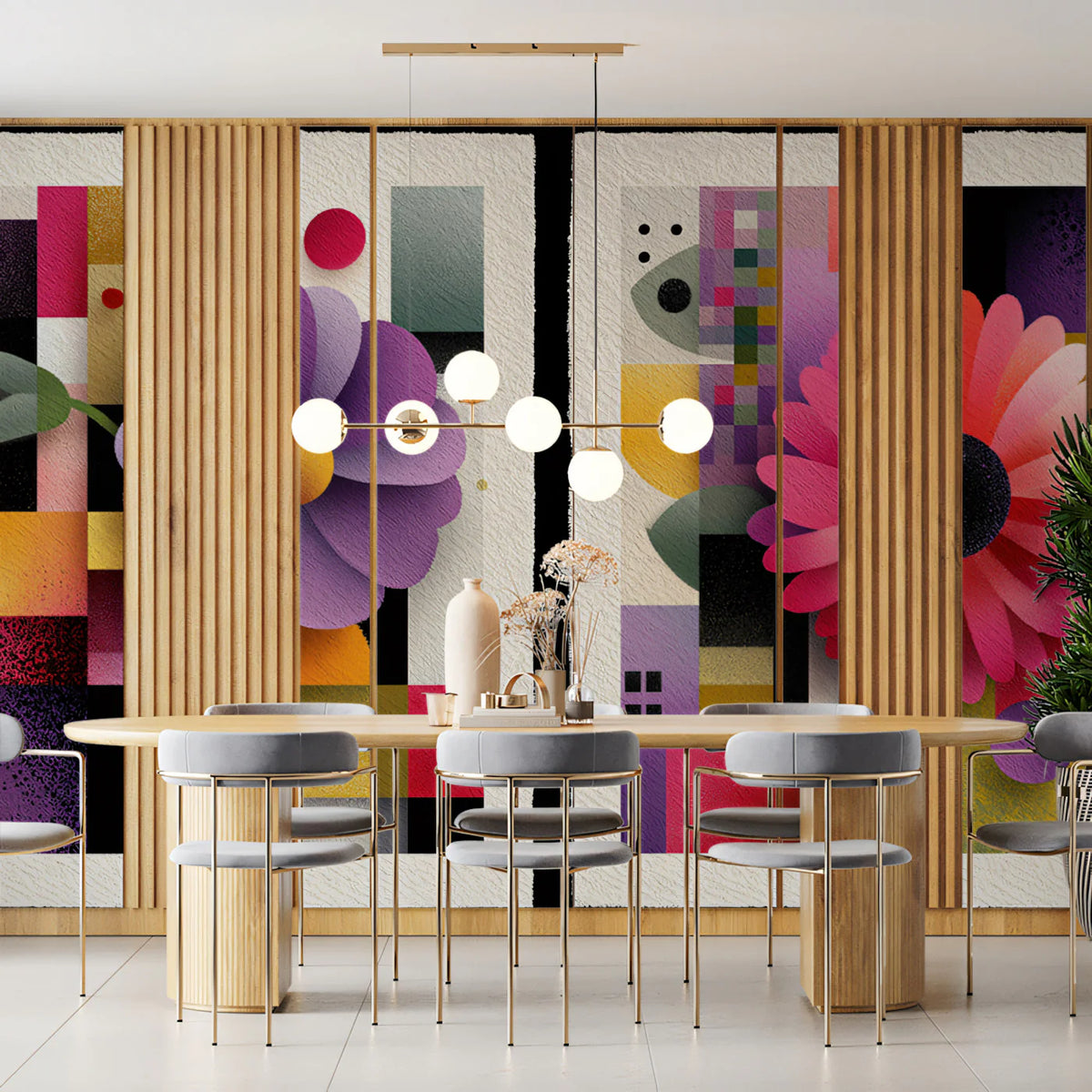 Abstract Floral Geometric Mural Wallpaper — Paper-Cut Style Art Mural Wallpaper - room preview 02