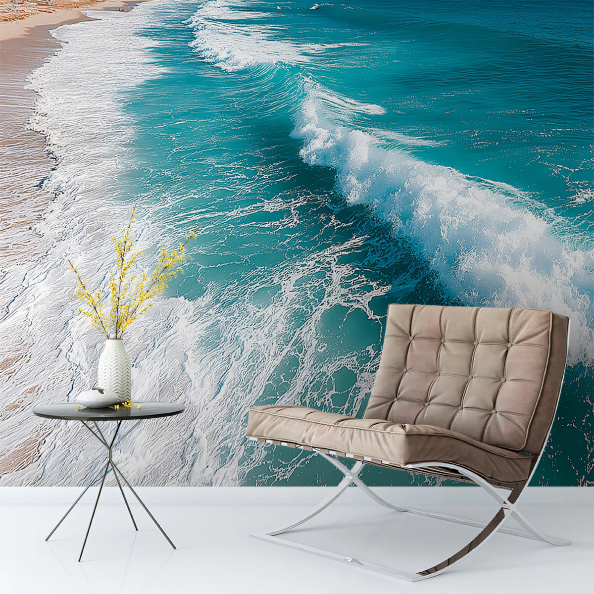 Turquoise Coastal Wave Mural Wallpaper — Refreshing Seaside View Mural Wallpaper - room preview 02