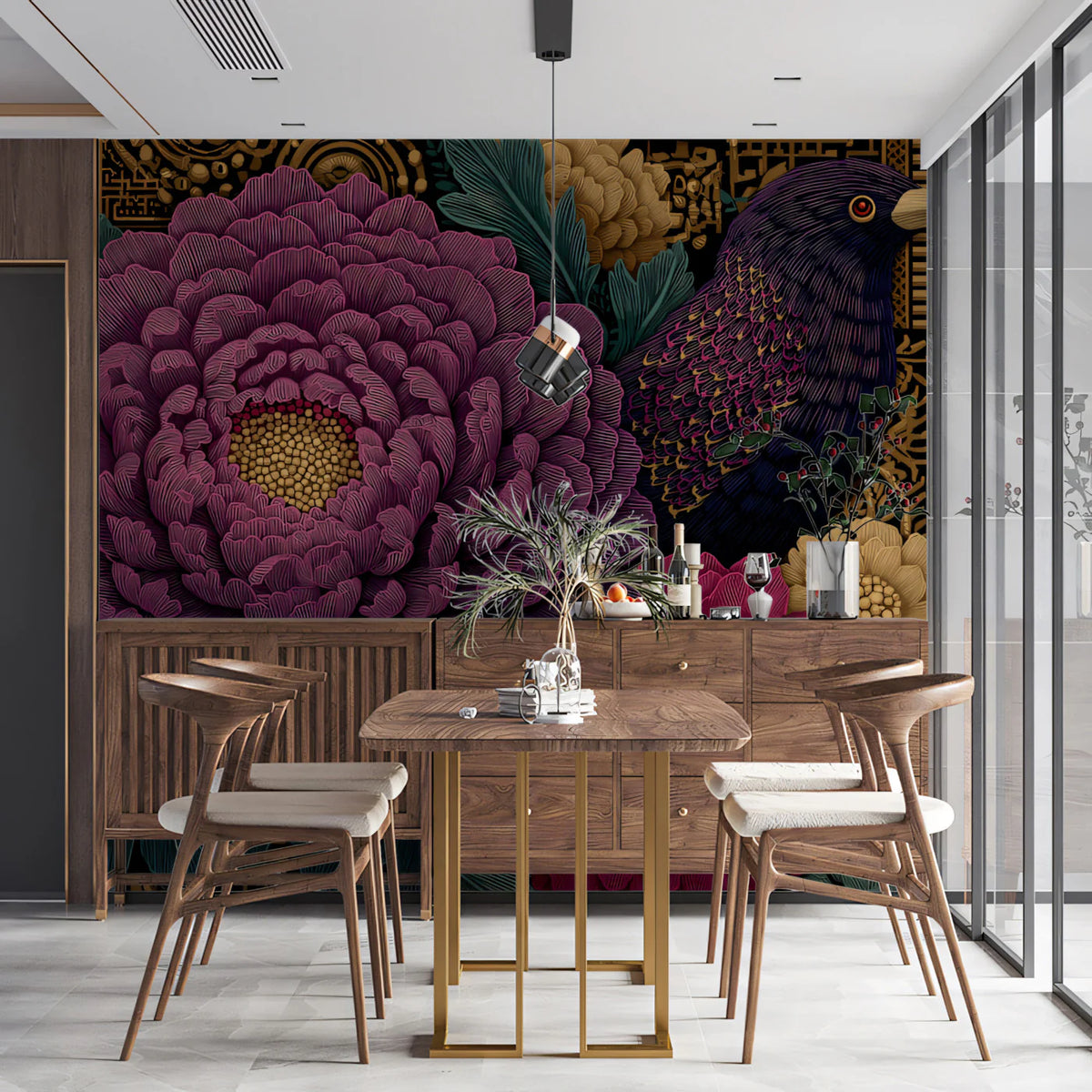 Gothic Peony & Bird Mural Wallpaper — Dark Academia Floral Pattern Mural Wallpaper - room preview 02