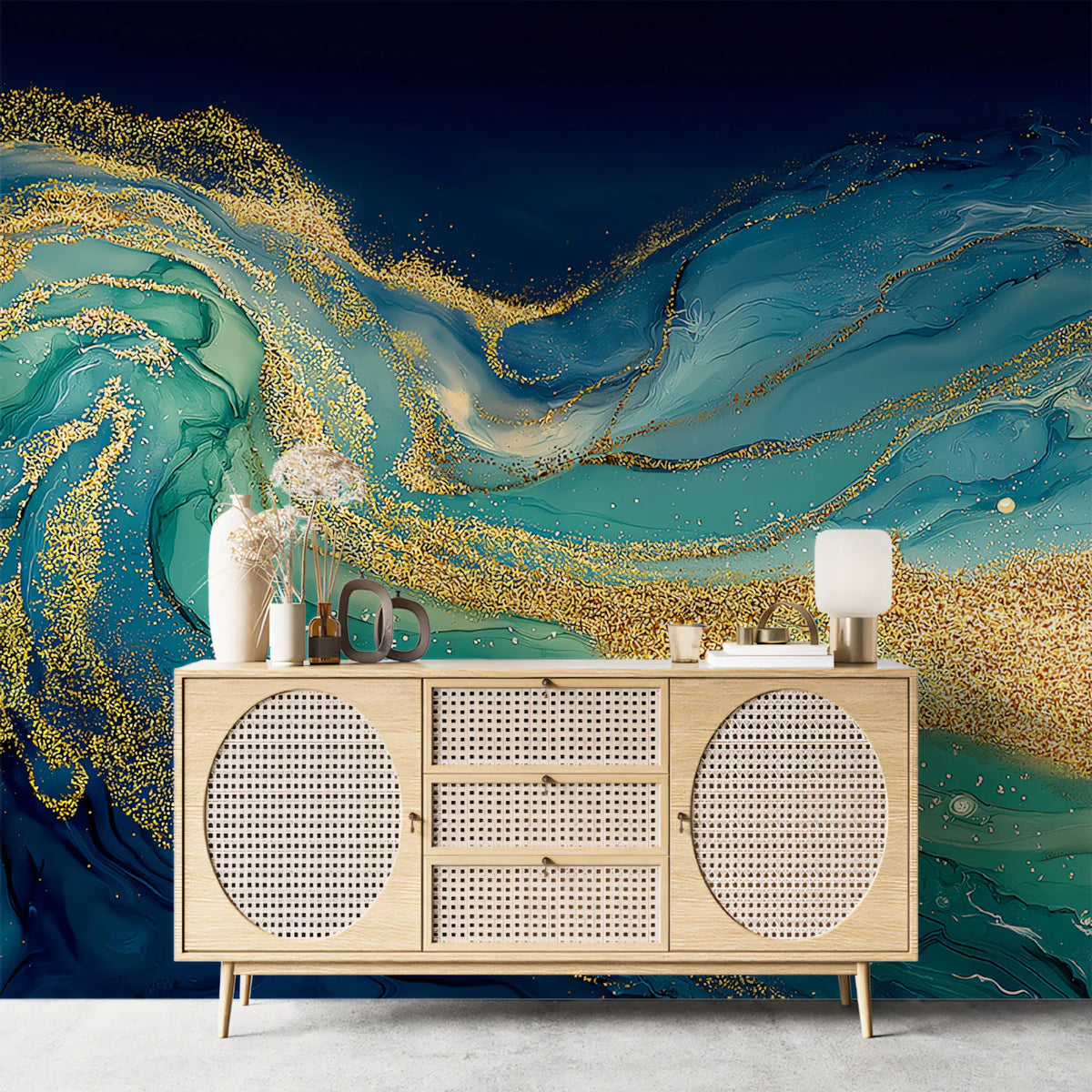 Deep Teal and Gold Fluid Art Mural Wallpaper — Luxe Abstract Motion Mural Wallpaper - room preview 02