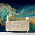 Deep Teal and Gold Fluid Art Mural Wallpaper — Luxe Abstract Motion Mural Wallpaper - room preview 02
