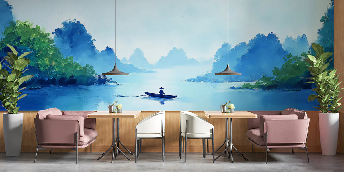 Lone Boat Lake Mural Wallpaper — Impressionist Oil Painting Style Mural Wallpaper - room preview 02