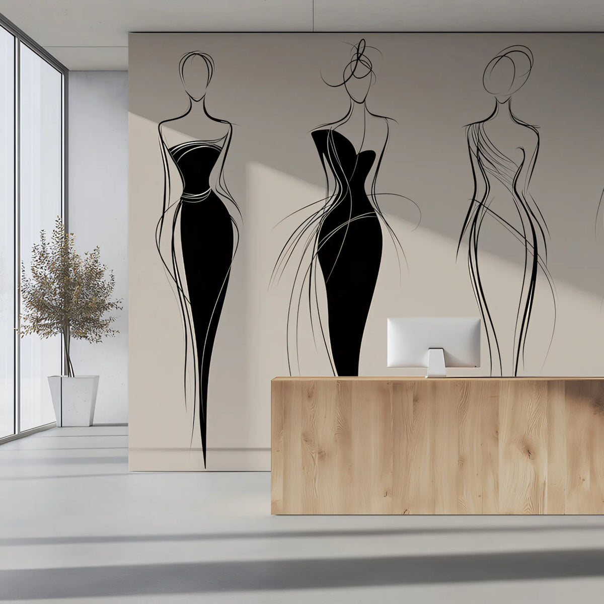 Haute Couture Sketch Mural Wallpaper — Minimalist Fashion Line Art Mural Wallpaper - room preview 02