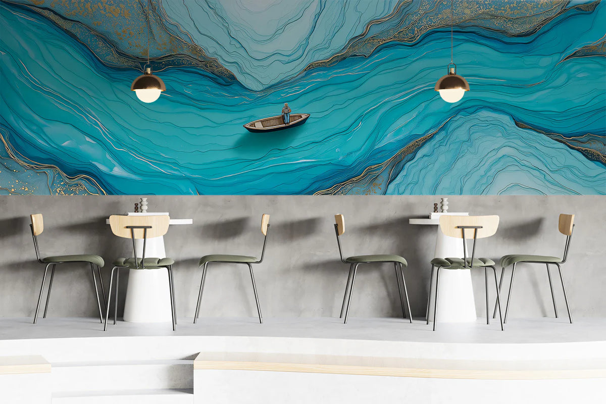 Turquoise Fluid Ink Mural Wallpaper with Gold Veined Detail Mural Wallpaper - room preview 02