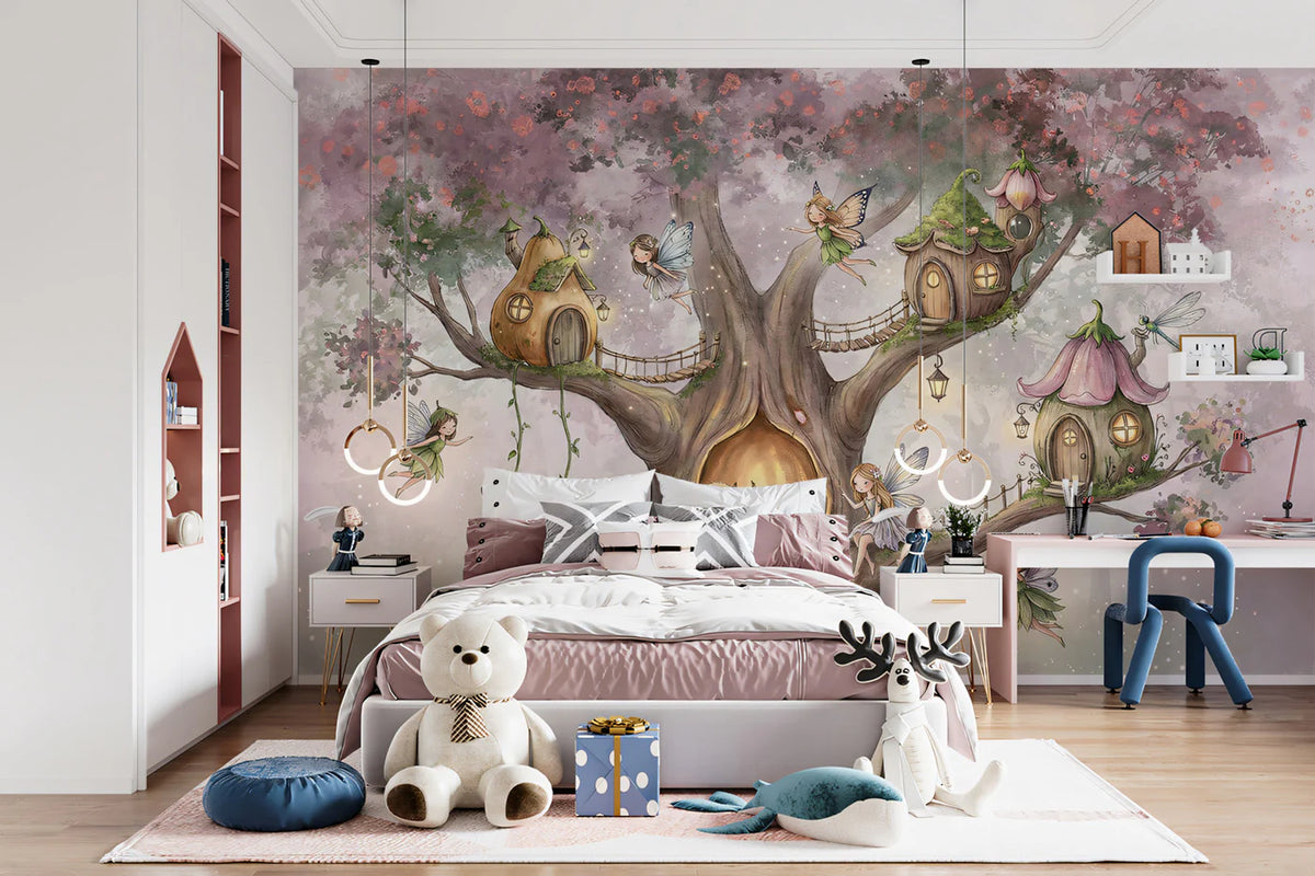 Fairy Tree House Mural Wallpaper — Whimsical Watercolor Illustration Mural Wallpaper - room preview 02