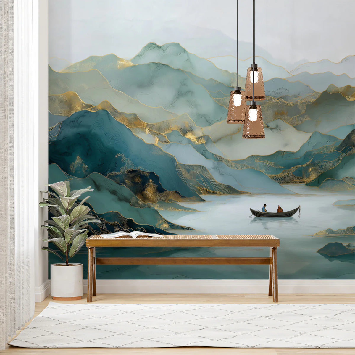 Teal Ink Wash Mountain Mural Wallpaper — Ethereal Landscape Mural Wallpaper - room preview 02