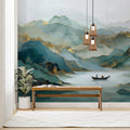 Teal Ink Wash Mountain Mural Wallpaper — Ethereal Landscape Mural Wallpaper - room preview 02