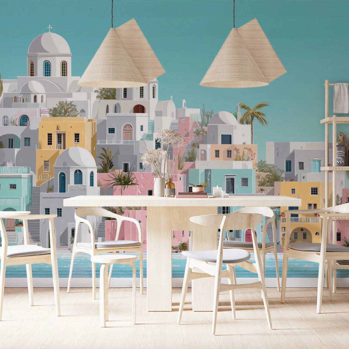 Mediterranean Village Mural Wallpaper — Coastal Pastel Scenery Mural Wallpaper - room preview 02