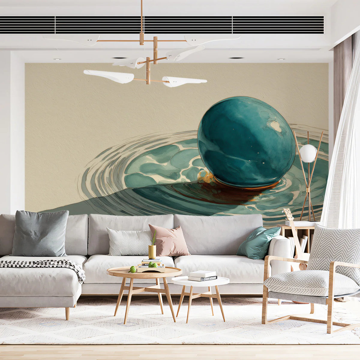 Minimalist Teal Orb Mural Wallpaper — Abstract Still Life Design Mural Wallpaper - room preview 02
