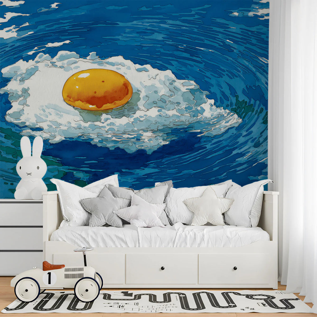 Fried Egg Water Splash Mural Wallpaper —Quirky Pop Art Design Mural Wallpaper - room preview 02