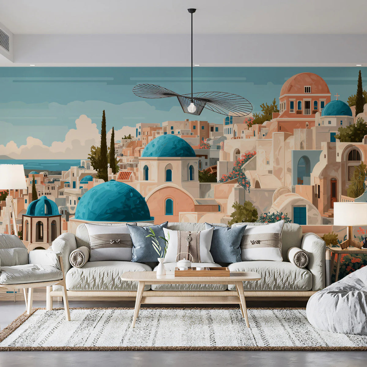Santorini Coastal Village Mural Wallpaper — Mediterranean Summer Mural Wallpaper - room preview 02