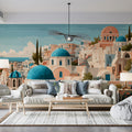 Santorini Coastal Village Mural Wallpaper — Mediterranean Summer Mural Wallpaper - room preview 02