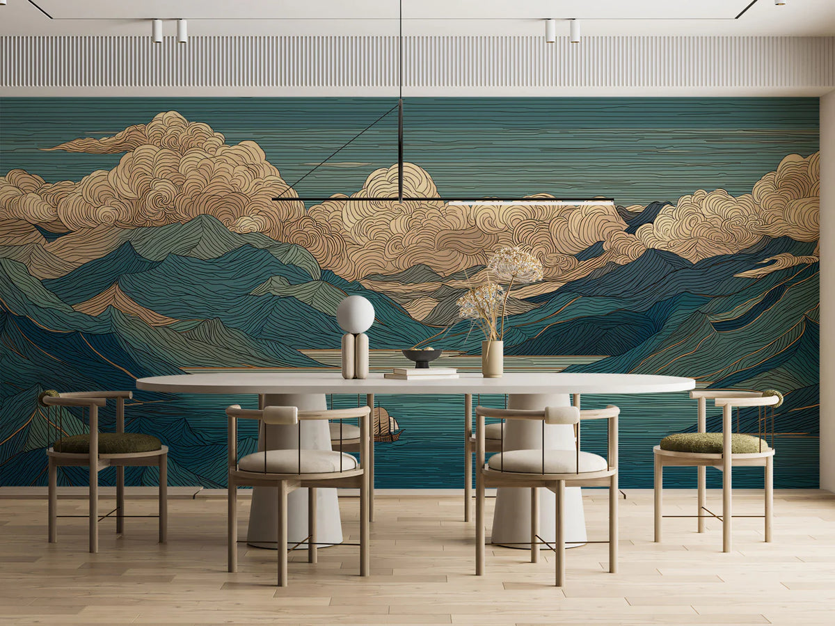 Japanese Woodblock Mountain Mural Wallpaper — Tranquil Lake View Mural Wallpaper - room preview 02
