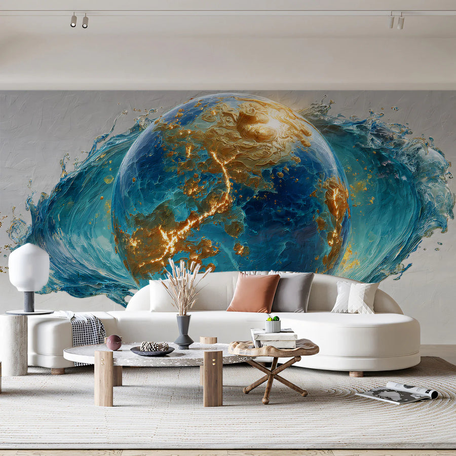 Celestial Wallpaper Mural – Stars & Moon Wall Mural – Celestial Earth Orb — Aquatic Gold Fluid Art