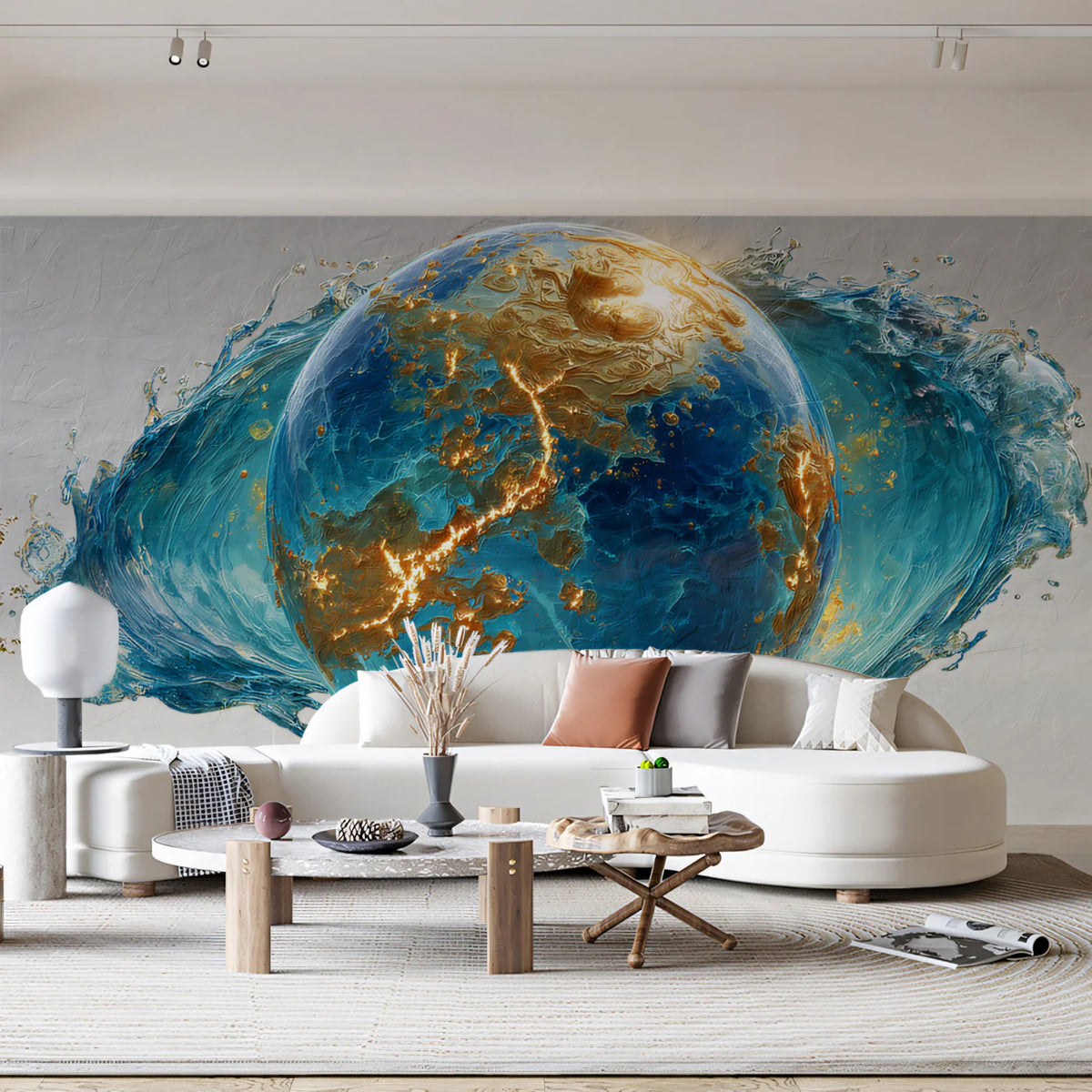 Celestial Earth Orb Mural Wallpaper — Aquatic Gold Fluid Art Mural Wallpaper - room preview 02