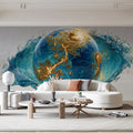 Celestial Earth Orb Mural Wallpaper — Aquatic Gold Fluid Art Mural Wallpaper - room preview 02
