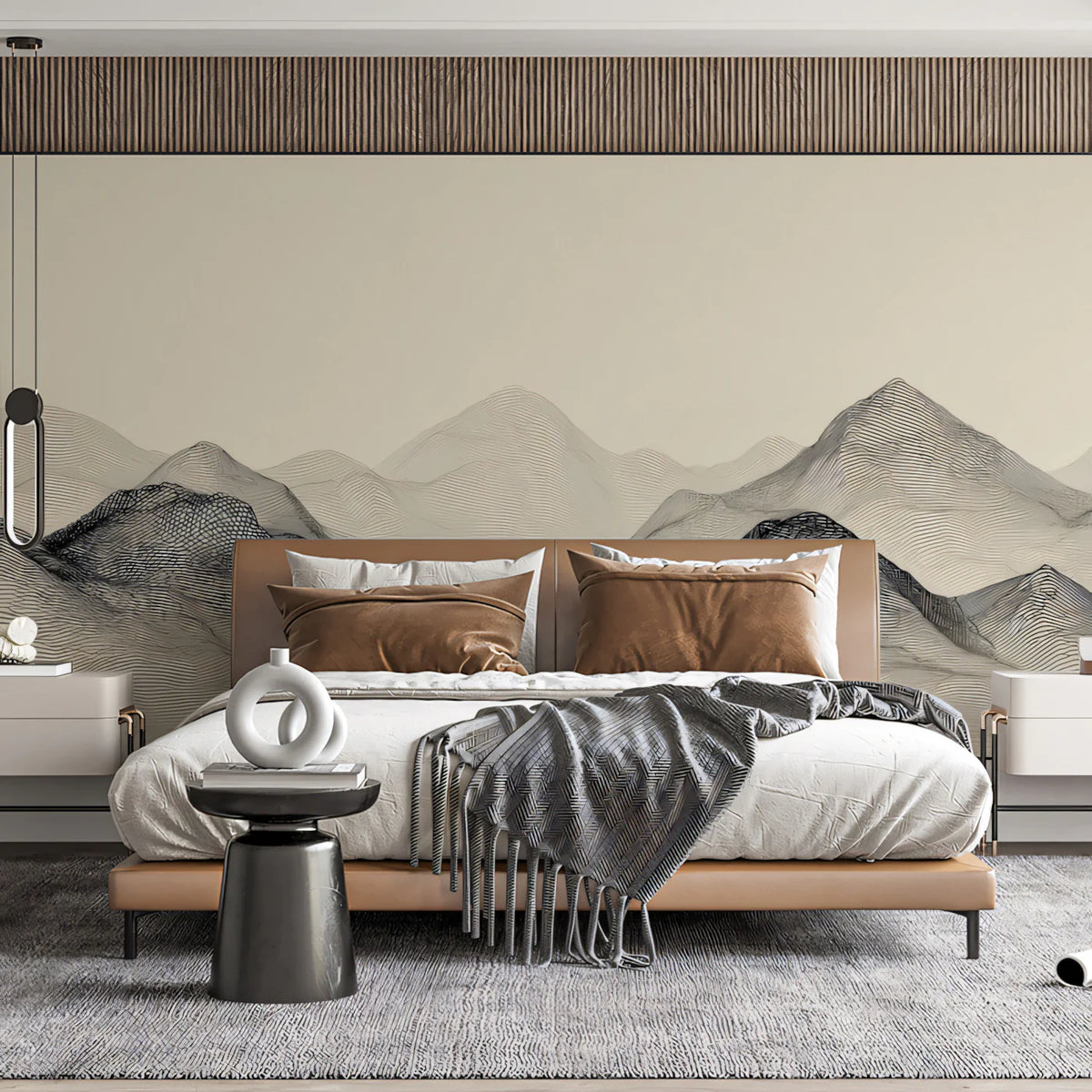 Topographic Mountain Line Art Mural Wallpaper — Minimalist Zen Mural Wallpaper - room preview 02