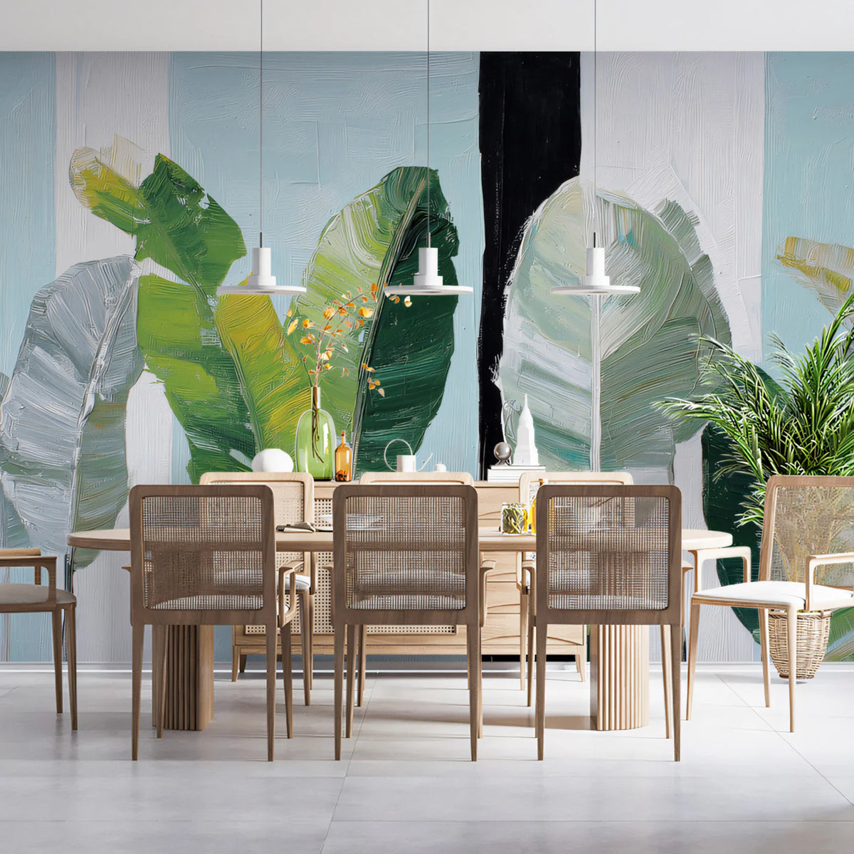 Textured Banana Leaf Mural Wallpaper —Modern Oil Painting Style Mural Wallpaper - room preview 02