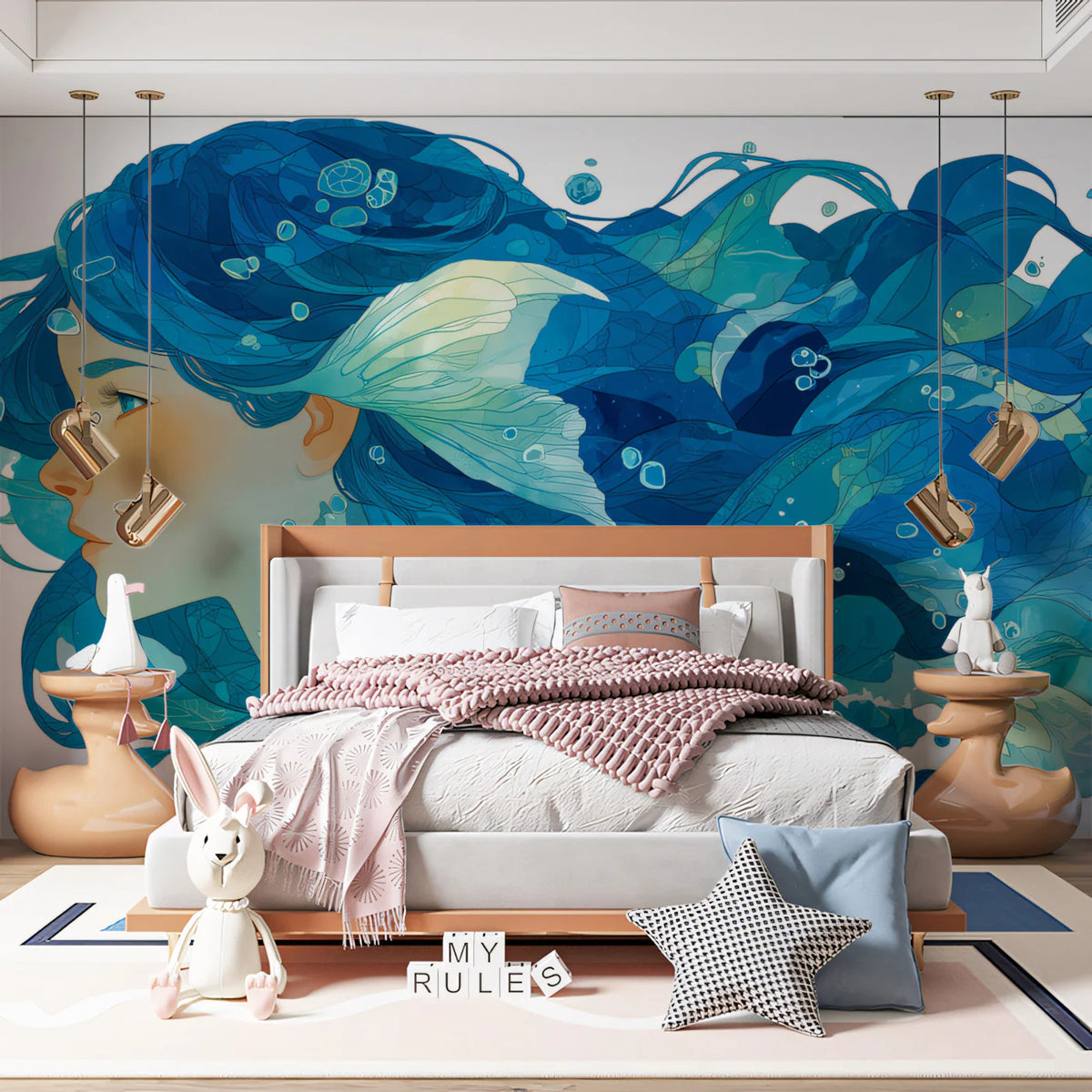 Ocean Wave Portrait Mural Wallpaper — Fluid Feminine Art Mural Wallpaper - room preview 02