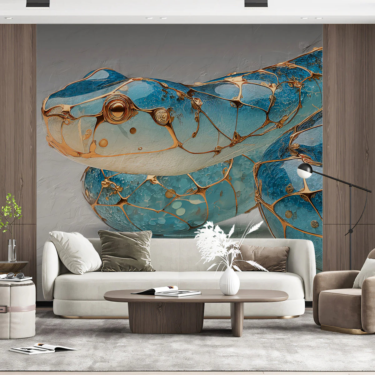 Glass Blue Snake Mural Wallpaper with Gilded Lattice Design Mural Wallpaper - room preview 02
