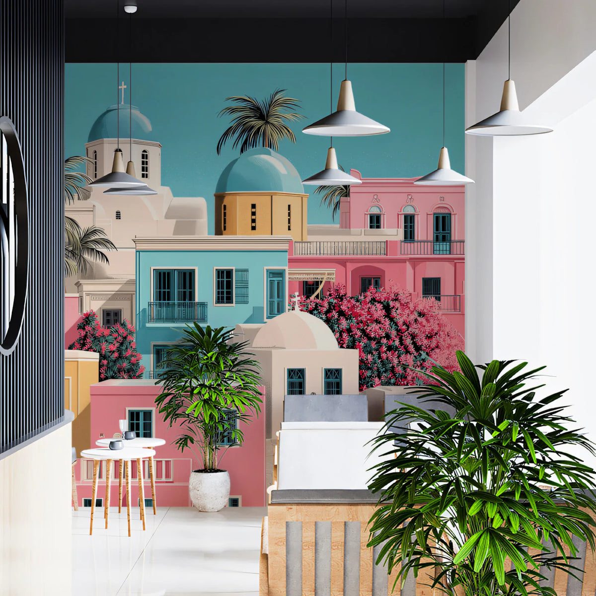 Mediterranean Coastal Village Mural Wallpaper — Pastel Pink Architecture Mural Wallpaper - room preview 02