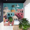 Mediterranean Coastal Village Mural Wallpaper — Pastel Pink Architecture Mural Wallpaper - room preview 02