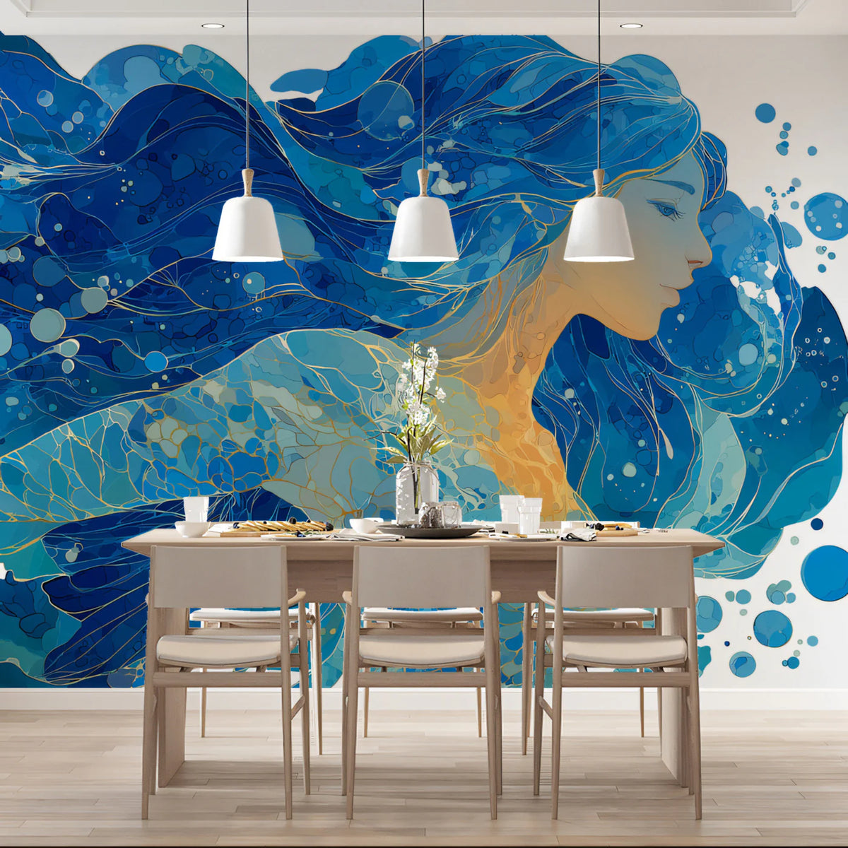 Ocean Spirit Wave Mural Wallpaper — Intricate Blue and Gold Design Mural Wallpaper - room preview 02