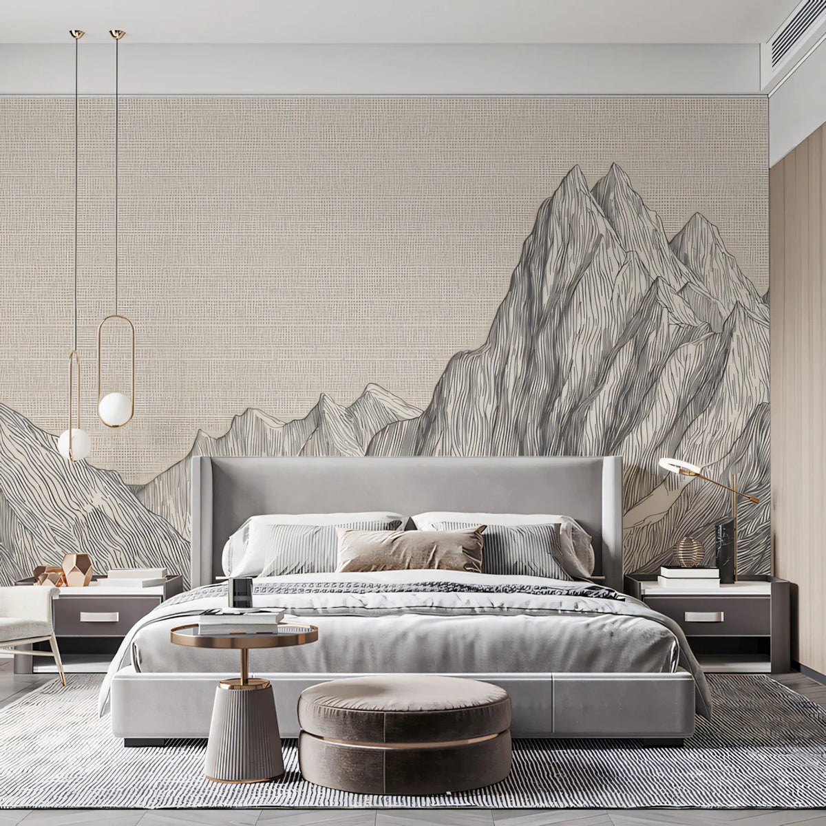 Mountain Peak Line Art Mural Wallpaper — Minimalist Linen Texture Mural Wallpaper - room preview 02